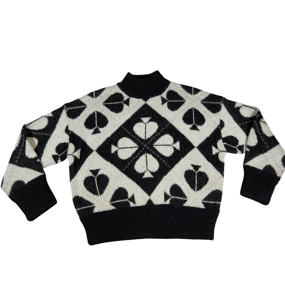 Kate‎ Spade Playful Spade Geo Mock Neck Sweater Black White Sparkle XS NWOT
